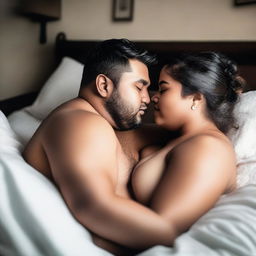 A romantic scene featuring a chubby couple cuddling and kissing in bed, partially clothed