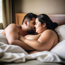 A romantic scene featuring a chubby couple cuddling, sharing a kiss, and displaying affection in bed, partially clothed