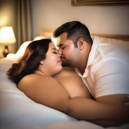 A romantic scene featuring a chubby couple cuddling, sharing a kiss, and displaying affection in bed, partially clothed