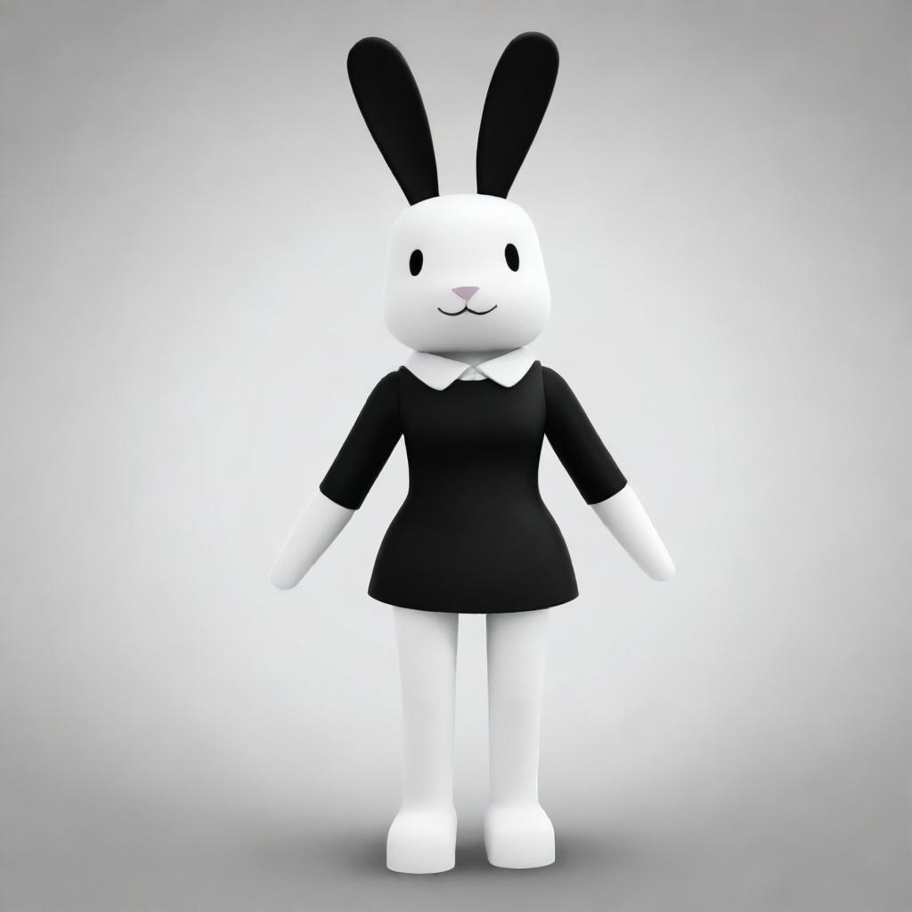 A female Roblox character designed as a bunny with a white head and arms, and a black torso and legs. She features a black collar and has tall, white ears.