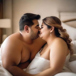 A romantic scene featuring a chubby couple cuddling, sharing a kiss, and showing affection in bed