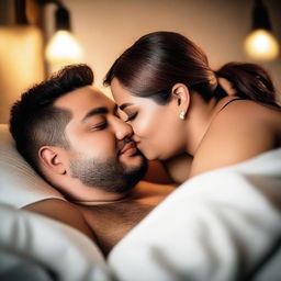 A romantic scene featuring a chubby couple cuddling, sharing a kiss, and showing affection in bed