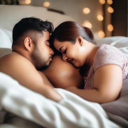 A romantic scene featuring a chubby couple cuddling, sharing a kiss, and showing affection in bed