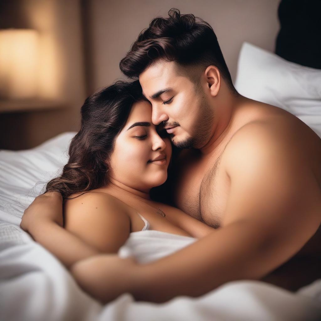 A romantic scene featuring a chubby couple cuddling and sharing a tender moment in bed