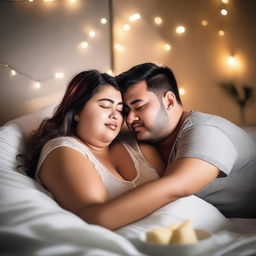 A romantic scene featuring a chubby couple cuddling and sharing a tender moment in bed