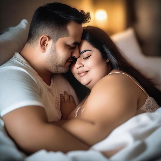 A romantic scene featuring a chubby couple cuddling and sharing a tender moment in bed