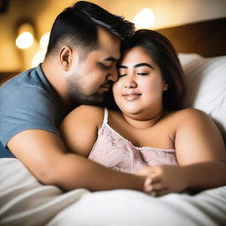 A romantic scene featuring a chubby couple cuddling and sharing a tender moment in bed