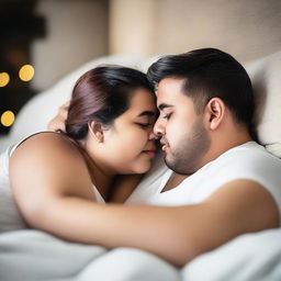 A romantic scene featuring a chubby couple cuddling and sharing a tender kiss in bed