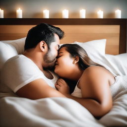 A romantic scene featuring a chubby couple cuddling and sharing a tender kiss in bed