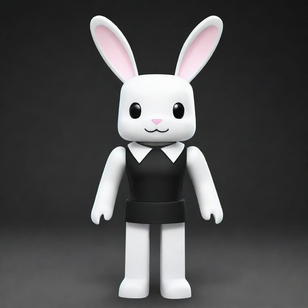 A female Roblox character designed as a bunny with a white head and arms, and a black torso and legs. She features a black collar and has tall, white ears.