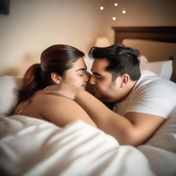 A romantic scene featuring a chubby couple cuddling and sharing a tender kiss in bed