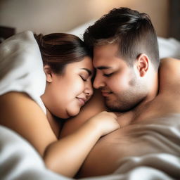 A romantic scene featuring a chubby couple cuddling and sharing a tender kiss in bed