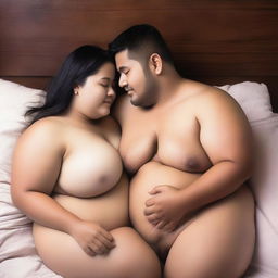 A romantic scene featuring a chubby couple cuddling, partially nude