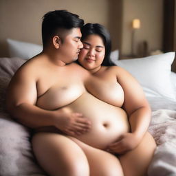 A romantic scene featuring a chubby couple cuddling, partially nude