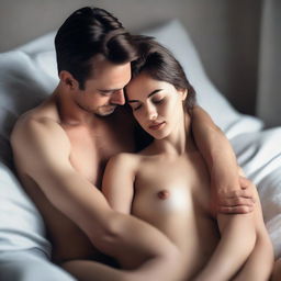 A romantic couple cuddling in a half-nude pose, showcasing intimacy and affection