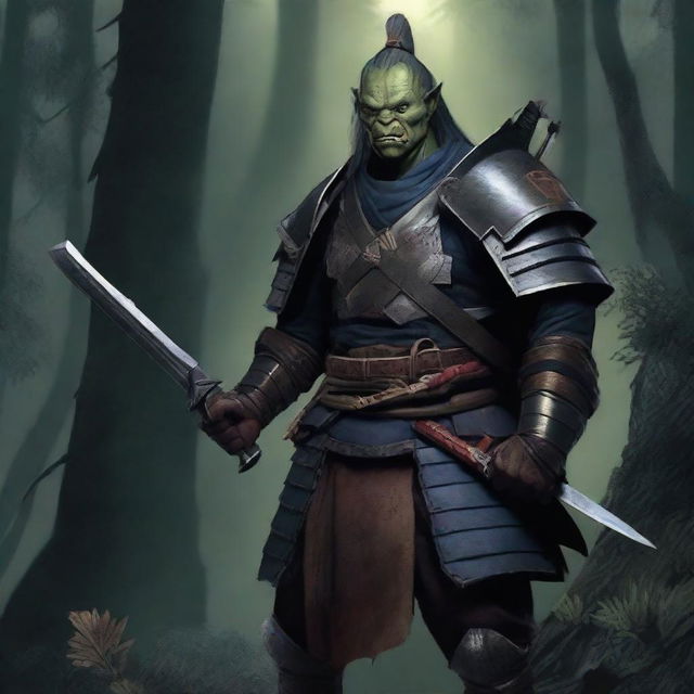 An elderly half orc samurai dressed in traditional samurai armor with a monster hunter theme