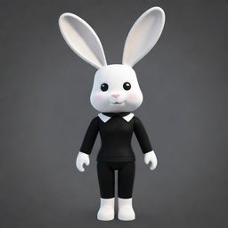 A female Roblox character designed as a bunny with a white head and arms, and a black torso and legs. She features a black collar and has tall, white ears.