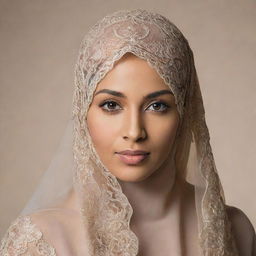 An elegantly dressed Muslim woman wearing a traditional, intricate veil. She exudes grace, strength, and confidence, standing against a neutral background.