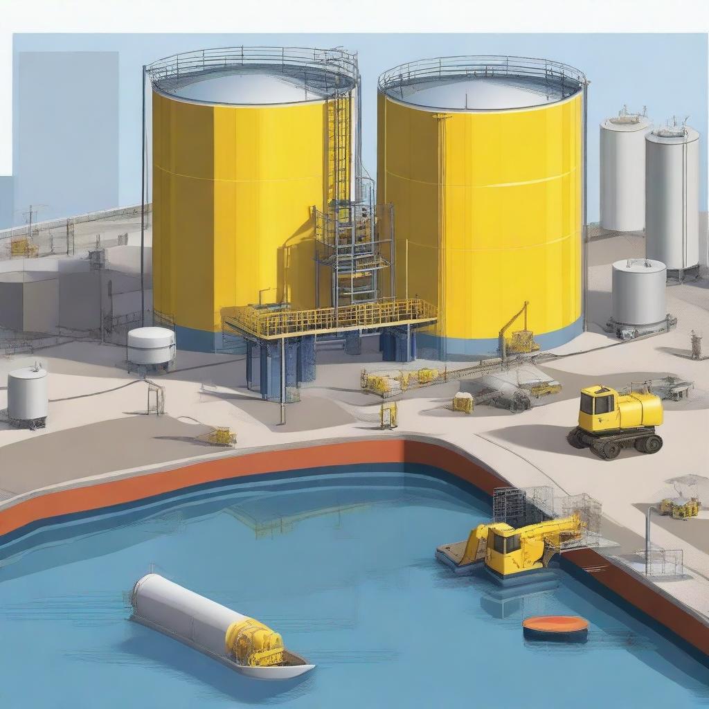 A detailed illustration of an industrial reservoir contracting establishment, showcasing large water tanks, heavy machinery, and workers in safety gear