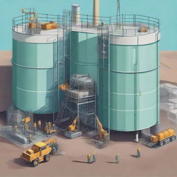 A detailed illustration of an industrial reservoir contracting establishment, showcasing large water tanks, heavy machinery, and workers in safety gear