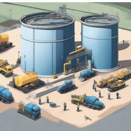 A detailed illustration of an industrial reservoir contracting establishment, showcasing large water tanks, heavy machinery, and workers in safety gear