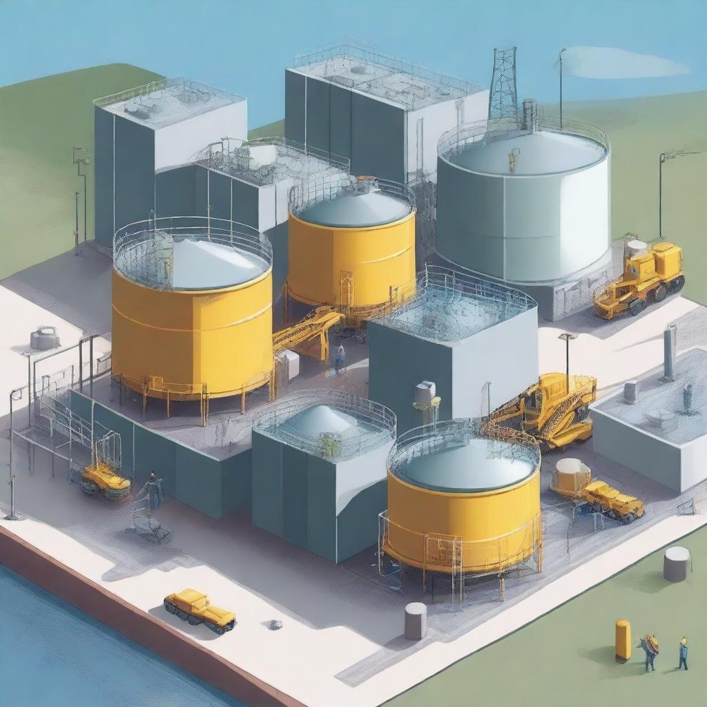 A detailed illustration of an industrial reservoir contracting establishment, showcasing large water tanks, heavy machinery, and workers in safety gear