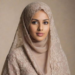 An elegantly dressed Muslim woman wearing a traditional, intricate veil. She exudes grace, strength, and confidence, standing against a neutral background.