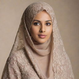 An elegantly dressed Muslim woman wearing a traditional, intricate veil. She exudes grace, strength, and confidence, standing against a neutral background.