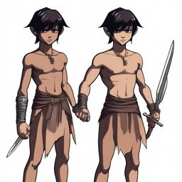 A slender boy with a barbarian outfit, holding two daggers in his hands