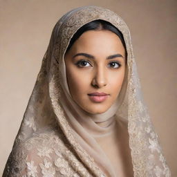 An elegantly dressed Muslim woman wearing a traditional, intricate veil. She exudes grace, strength, and confidence, standing against a neutral background.