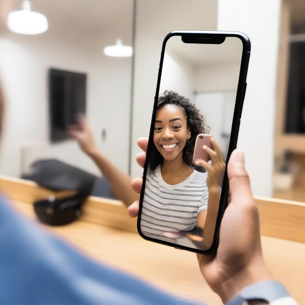 A person taking a selfie in front of a mirror with their iPhone