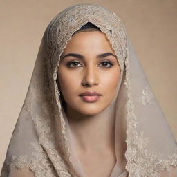 An elegantly dressed Muslim woman wearing a traditional, intricate veil. She exudes grace, strength, and confidence, standing against a neutral background.