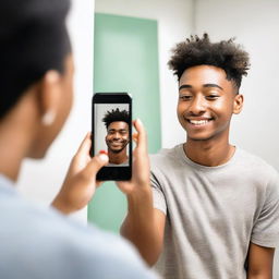 A person taking a selfie in front of a mirror with their iPhone