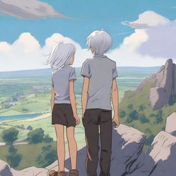 A young slim girl with silver hair and very light grey eyes and a young, slim boy with black hair and brown eyes stand on a giant rock looking out over their small town