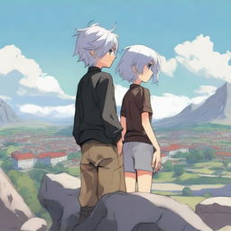 A young slim girl with silver hair and very light grey eyes and a young, slim boy with black hair and brown eyes stand on a giant rock looking out over their small town