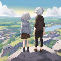 A young slim girl with silver hair and very light grey eyes and a young, slim boy with black hair and brown eyes stand on a giant rock looking out over their small town