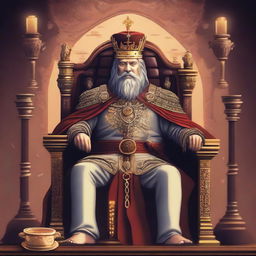 Create an image of a majestic king sitting on a grand throne, surrounded by elements that represent Java programming language