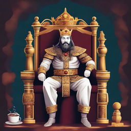 Create an image of a majestic king sitting on a grand throne, surrounded by elements that represent Java programming language