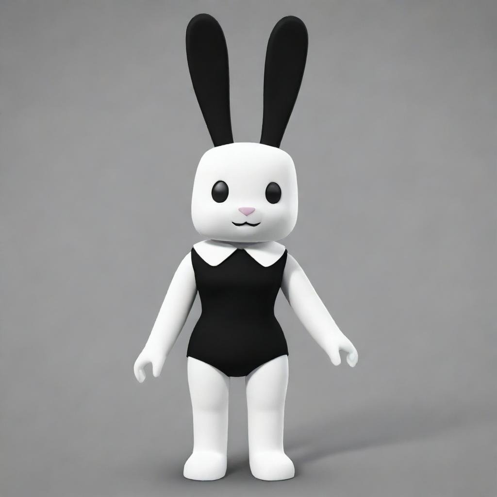 A female Roblox character styled as a bunny with white arms and head, black torso and legs, accompanied by a black collar and white ears.