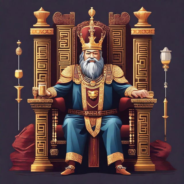 Create an image of a majestic king sitting on a grand throne, surrounded by elements that represent Java programming language