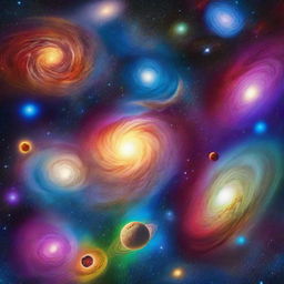 A stunning depiction of the universe, showcasing galaxies, stars, and cosmic phenomena in vibrant colors