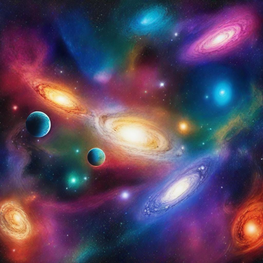 A stunning depiction of the universe, showcasing galaxies, stars, and cosmic phenomena in vibrant colors