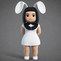 A female Roblox character styled as a bunny with white arms and head, black torso and legs, accompanied by a black collar and white ears.