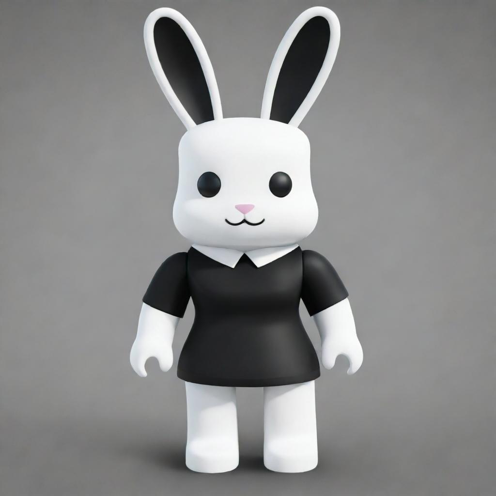 A female Roblox character styled as a bunny with white arms and head, black torso and legs, accompanied by a black collar and white ears.