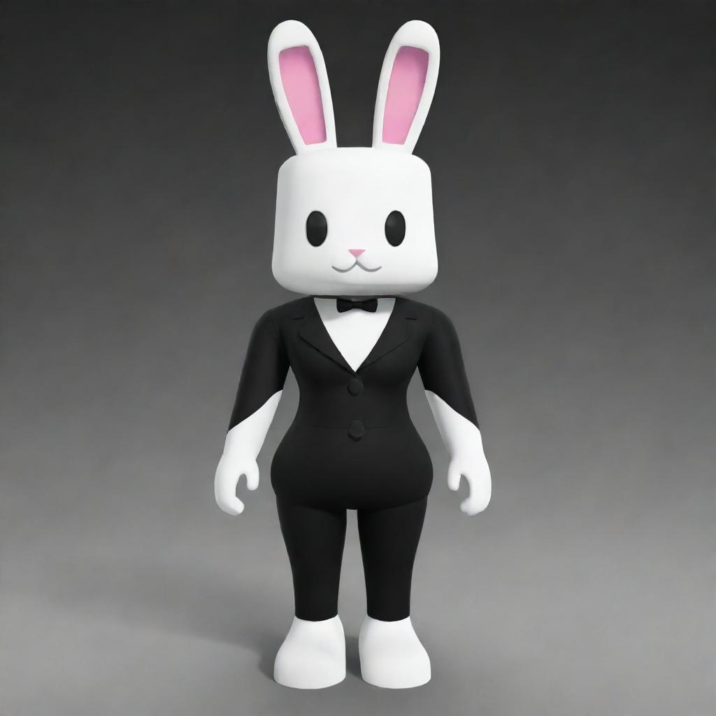 A female Roblox character styled as a bunny with white arms and head, black torso and legs, accompanied by a black collar and white ears.