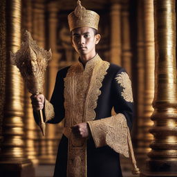 A young Javanese king holding a shining keris in his right hand