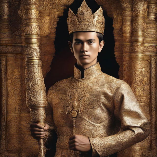 A young Javanese king holding a shining keris in his right hand