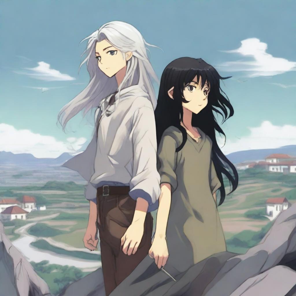 A young slim girl with long silver hair and very light grey eyes and a young, slim boy with black hair and brown eyes stand on a giant rock looking out over their small town