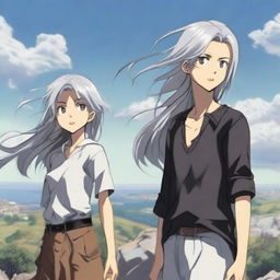 A young slim girl with long silver hair and very light grey eyes and a young, slim boy with black hair and brown eyes stand on a giant rock looking out over their small town