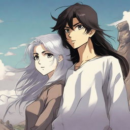 A young slim girl with long silver hair and very light grey eyes and a young, slim boy with black hair and brown eyes stand on a giant rock looking out over their small town